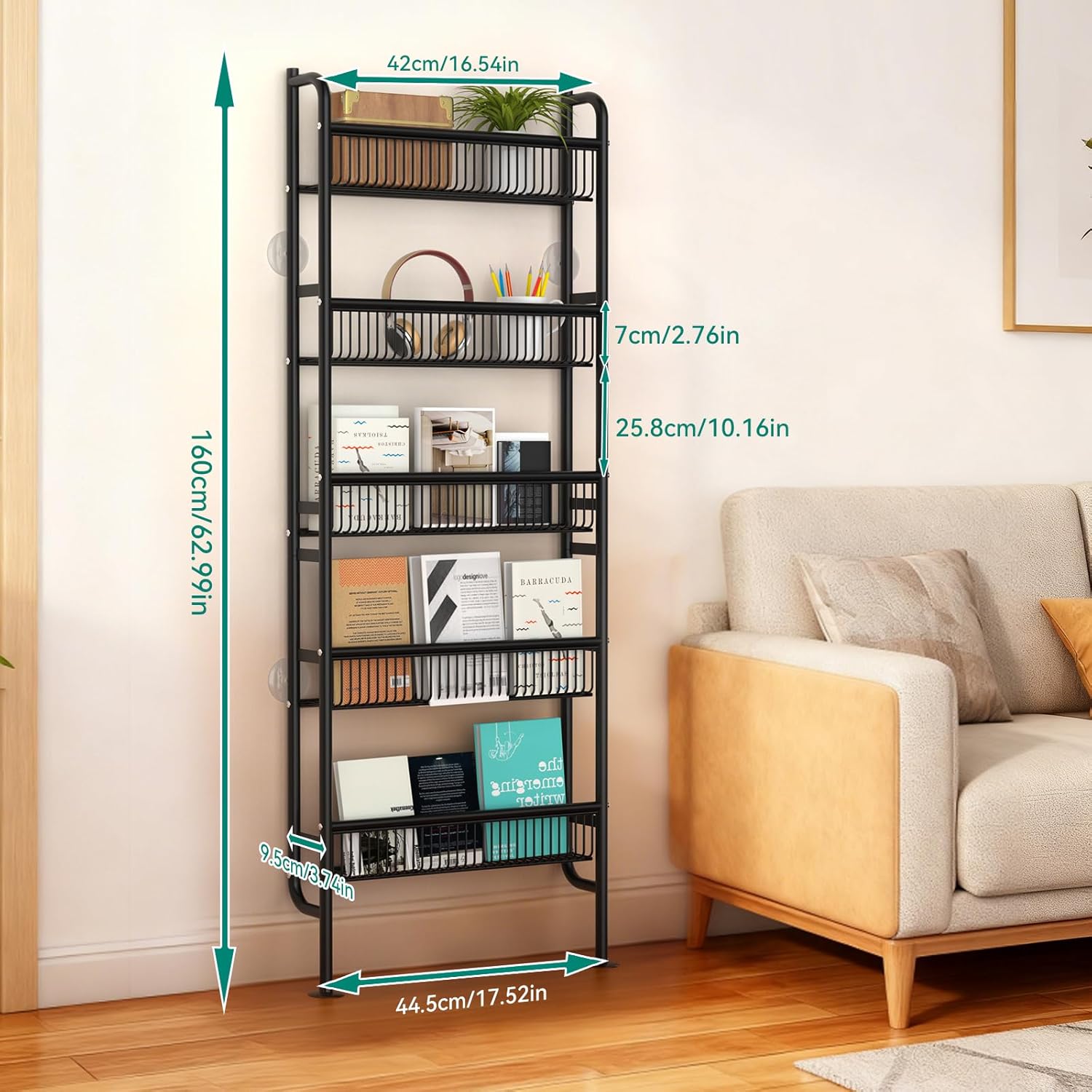 NECHEGE Slim Shelf Behind Door Storage Rack, 5-Tier Multi-Purpose Space-Saving Organizer for Bathroom, Kitchen, Living Room-Sturdy Metal Bookshelf for Narrow Spaces
