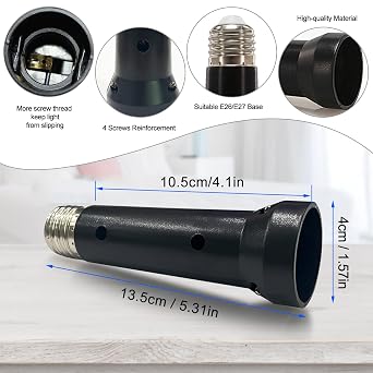 Light Socket Extender, E26/E27 Socket Extension Adapter, 5.31 inch Light Bulb Extension Socket, Light Bulb Socket Extender, Screw in Lamp Holder Adapter (Black 6Pack)