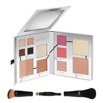 Woosh Beauty, Fold Out Face Palette with Secret Brush, Travel All in One Neutral Cream & Powder Kit, 4 in 1 Nested Makeup Brush #1 Light