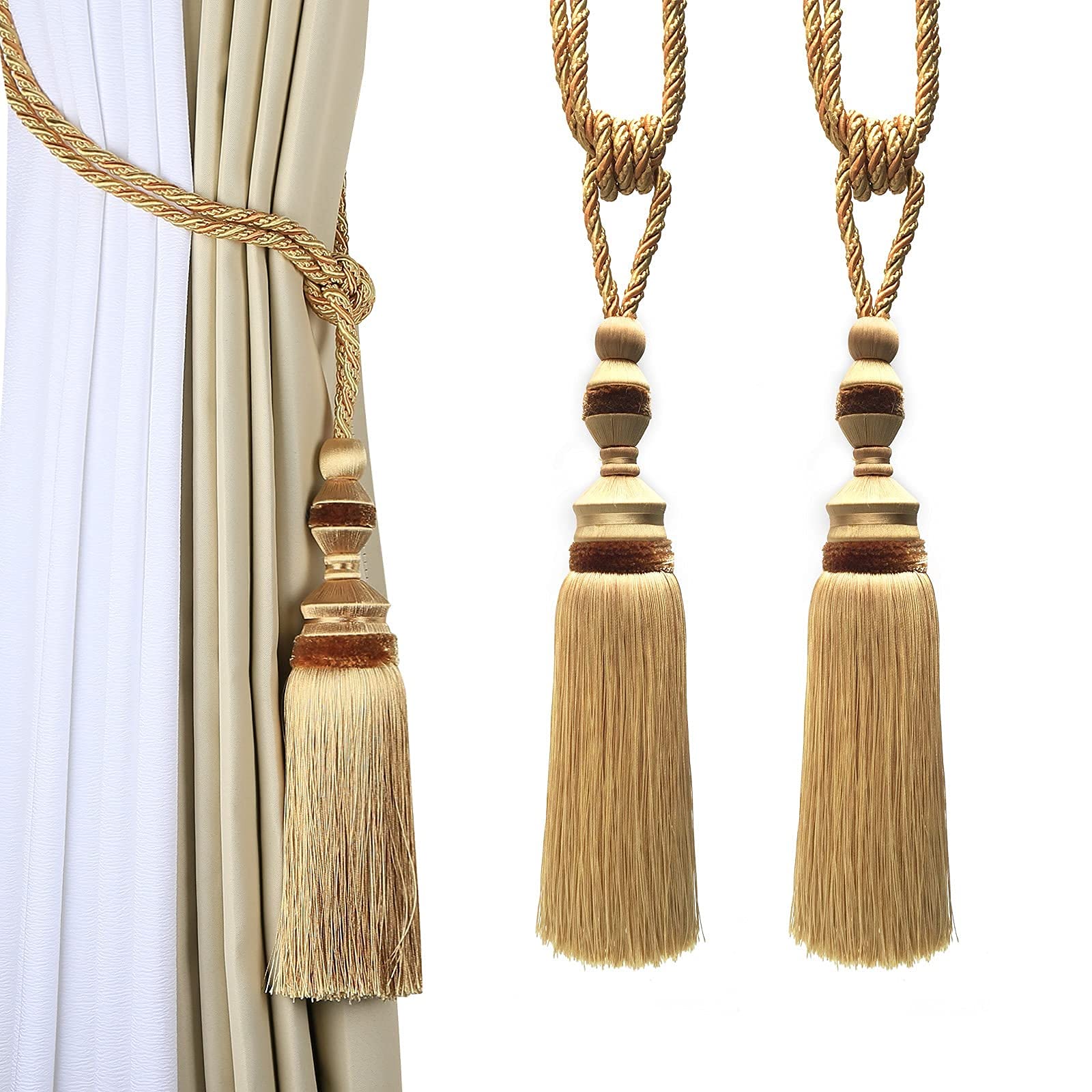 Vorhang-Raffhalter Handarbeit Elegante Vorhangseil-Ebenen Luxuriöse volle Quaste Drape Raffhalter für Home Office Dekor (Gold, 2)