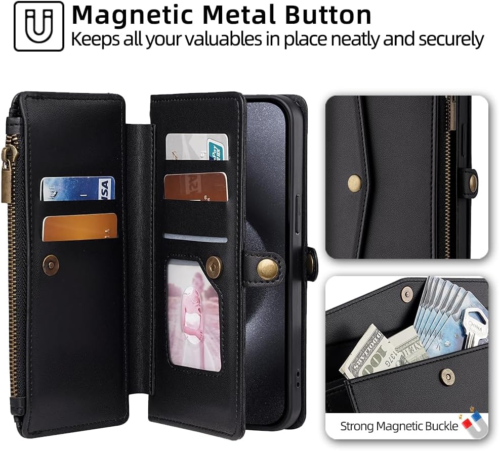 Wallet Case for VIVO Y52S/IQOO U3/IQOO U3X Flip PU Leather Cover with Card Holder Crossbody Strap Handbag Zipper Pocket Shockproof Magnetic Phone Shell for Women Men Black