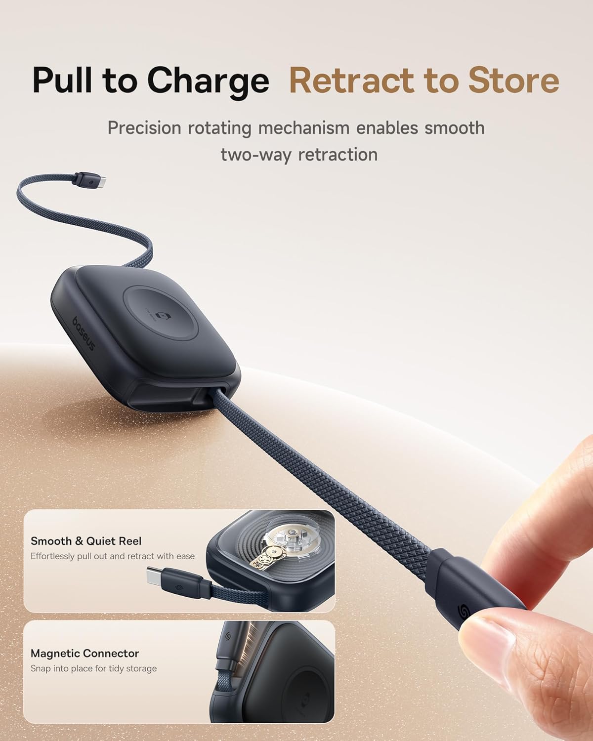 Baseus Retractable USB C Cable for Apple Watch, 100W 5A Fast Charging Cable with 2.5W Max Wireless Charger, Freely Adjustable Within 3ft, Type-C Cord for iPhone 17 Pro/Plus/Max, Galaxy S24, iPad Pro