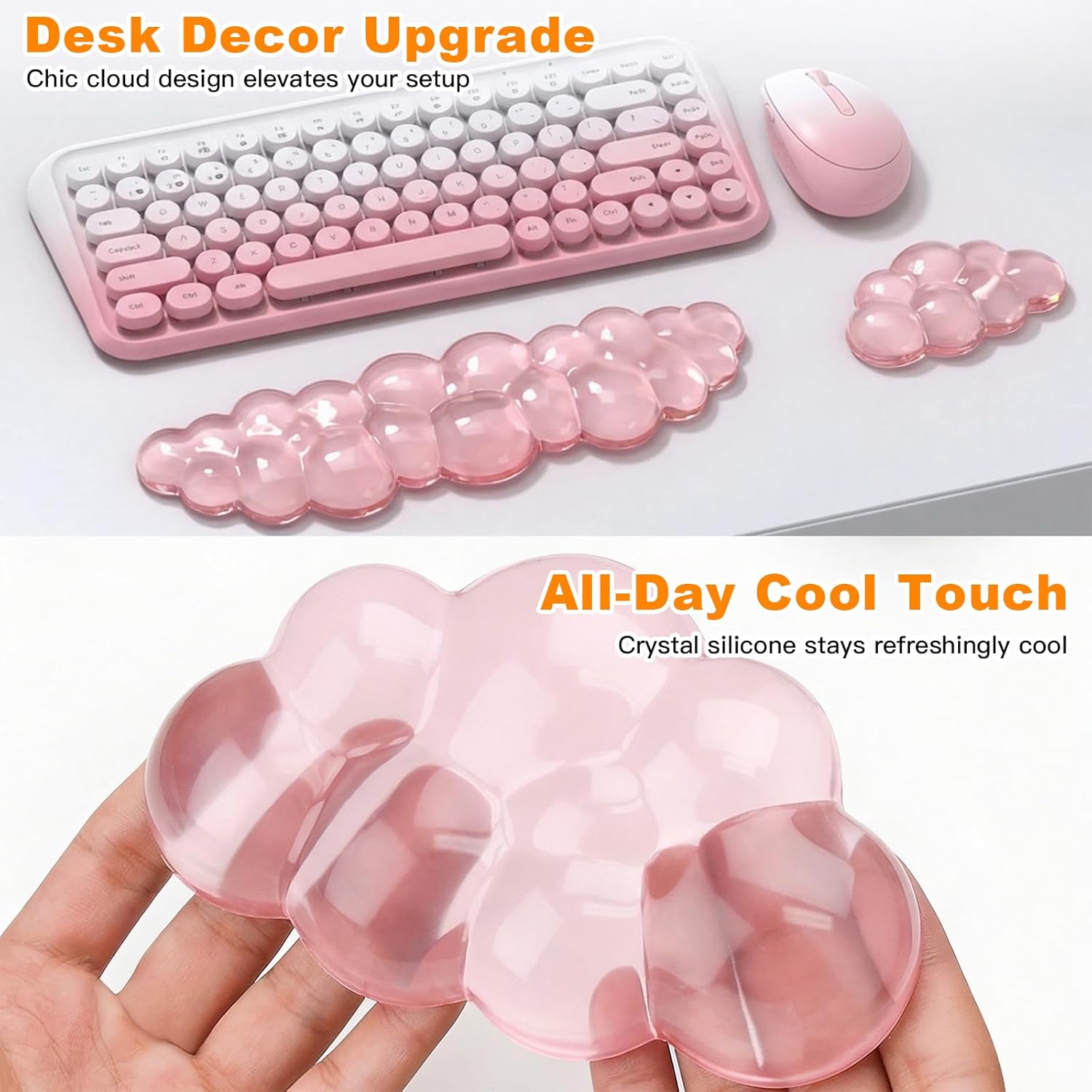 Keyboard Wrist Rest for Computer Keyboard, Cloud Mouse Keyboard Pad Set with Hand Wrist Support, Non Slip Gel Pain Relief Cute Desk Decor Accessories for Office Home Laptop Gaming Typing (Pink)