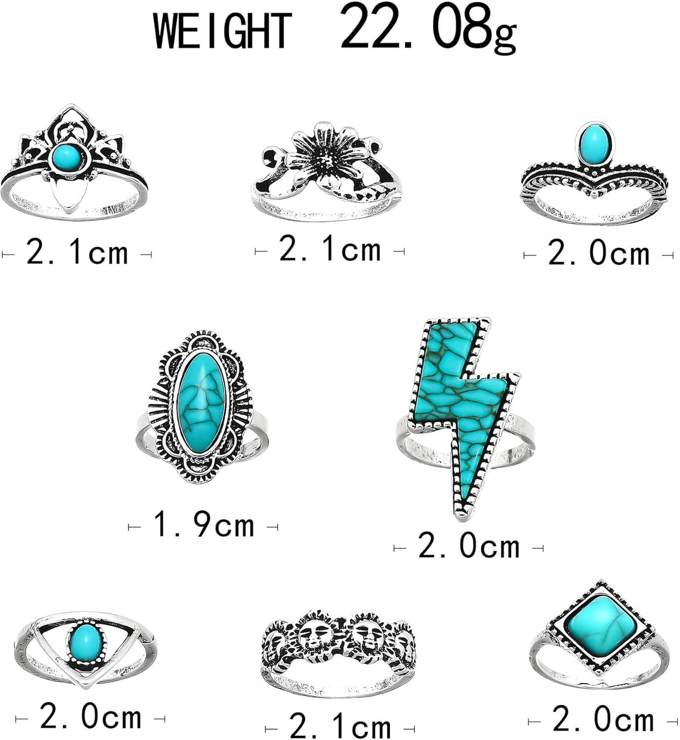 XAM 8Pcs Bohemian Turquoise Ring Set for Women Vintage Oval Gemstone Rings Pack Western Jewelry Lightning Sunflower Stackable Joint Knuckle Jewelry - Image 2