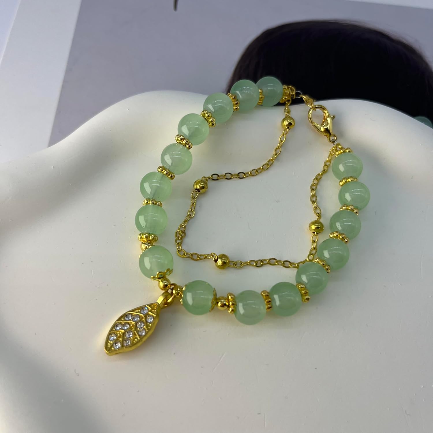 Hetian Jade Bracelet for Women Double Layer Green Beaded Monstera Palm Leaf Bracelet Adjustable Classic Bracelet with Zircon Leaf Charm Ladies Jewelry - Image 6