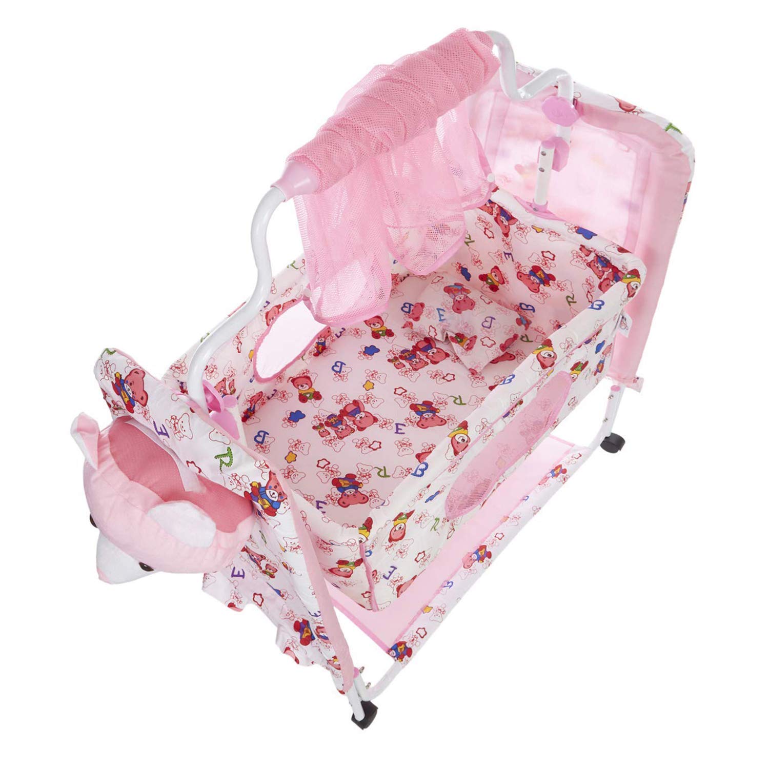 NHR Cozy New Born Baby Cradle, Baby Swing, Baby Jhula, Baby Palna, Baby Bedding, Baby Bed, Crib, Bassinet with Mattress, Pillow, Mosquito Net for (0-9 Months | Pink) - Cotton 1