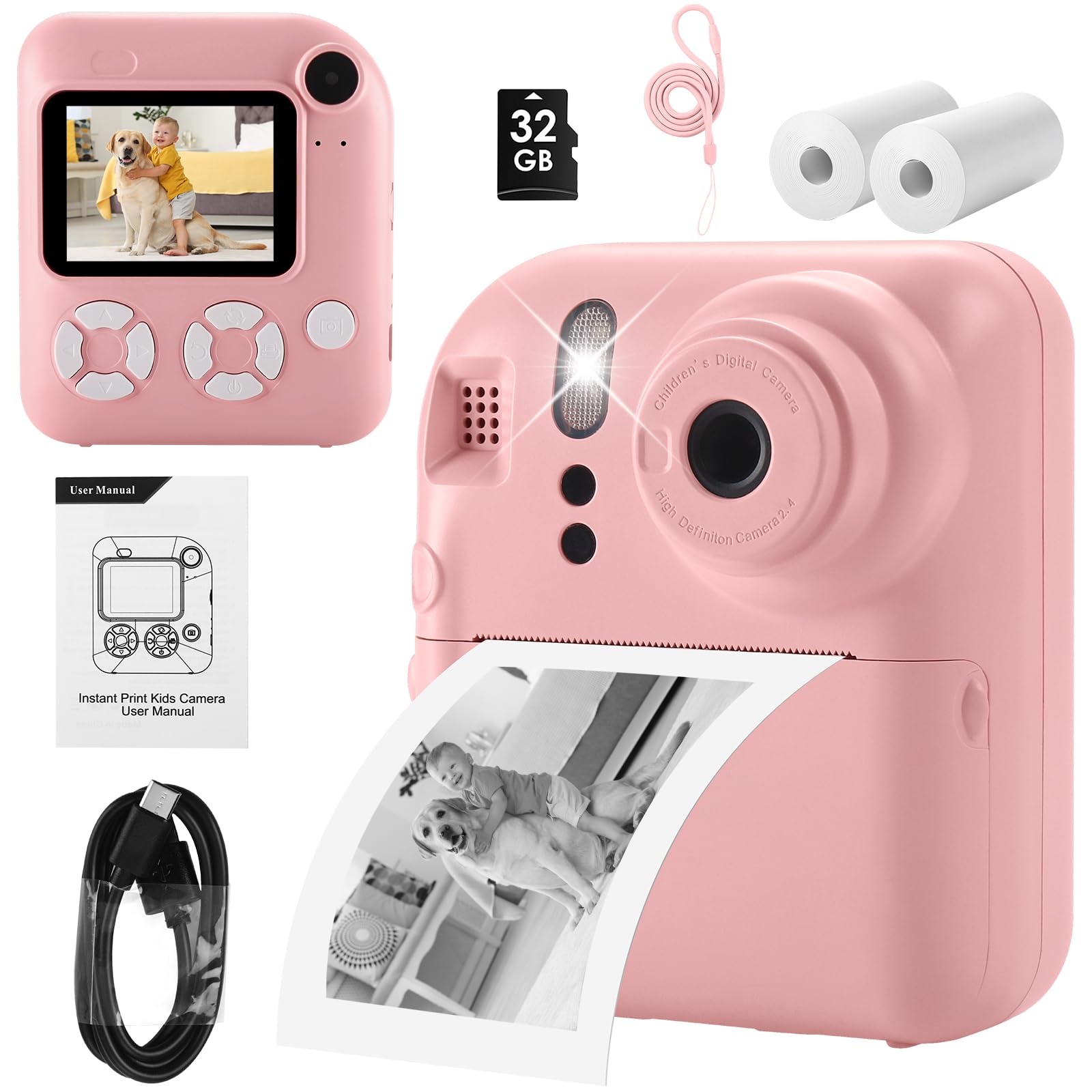 Ocakuiter Kids Camera Instant Print,Toys for Gifts Ages 3-12 Boys Girls Christmas Birthday,Selfie Digital Camera with 1080P Videos with 32GB Card,