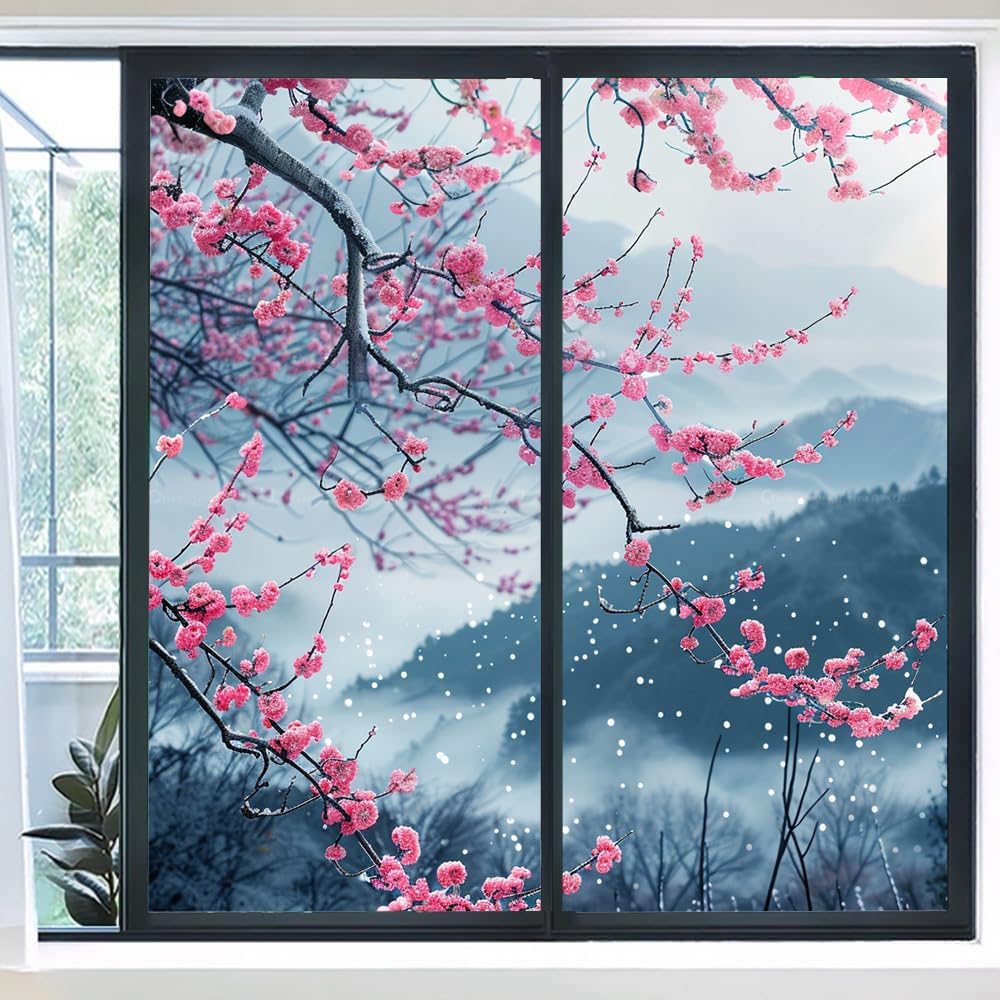 Natural Plum Blossoms Stained Glass Window Film, Rustic Tree Beautiful Plants Peel and Stick Frosted Privacy Film, Adhesive Vinyl Decorative for Bathroom Windows Glass Doors, 35.4Wx63L inch x2 Pcs