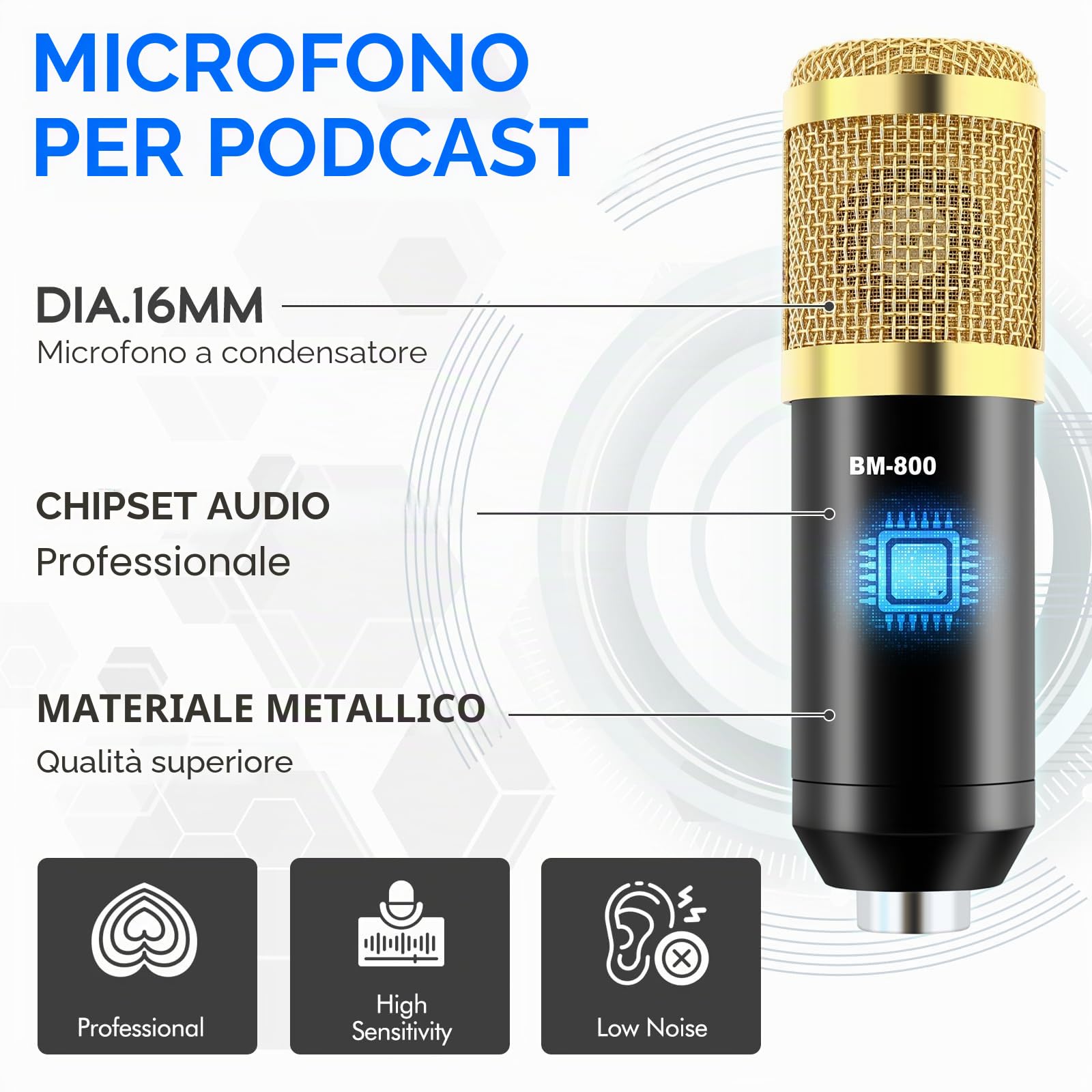 ALSO GO Set di attrezzature per podcast, microfono a condensatore BM800 e kit di schede audio dal vivo con supporto per treppiede, effetti mixer DJ e cambio vocale, perfetto per studi di registrazione