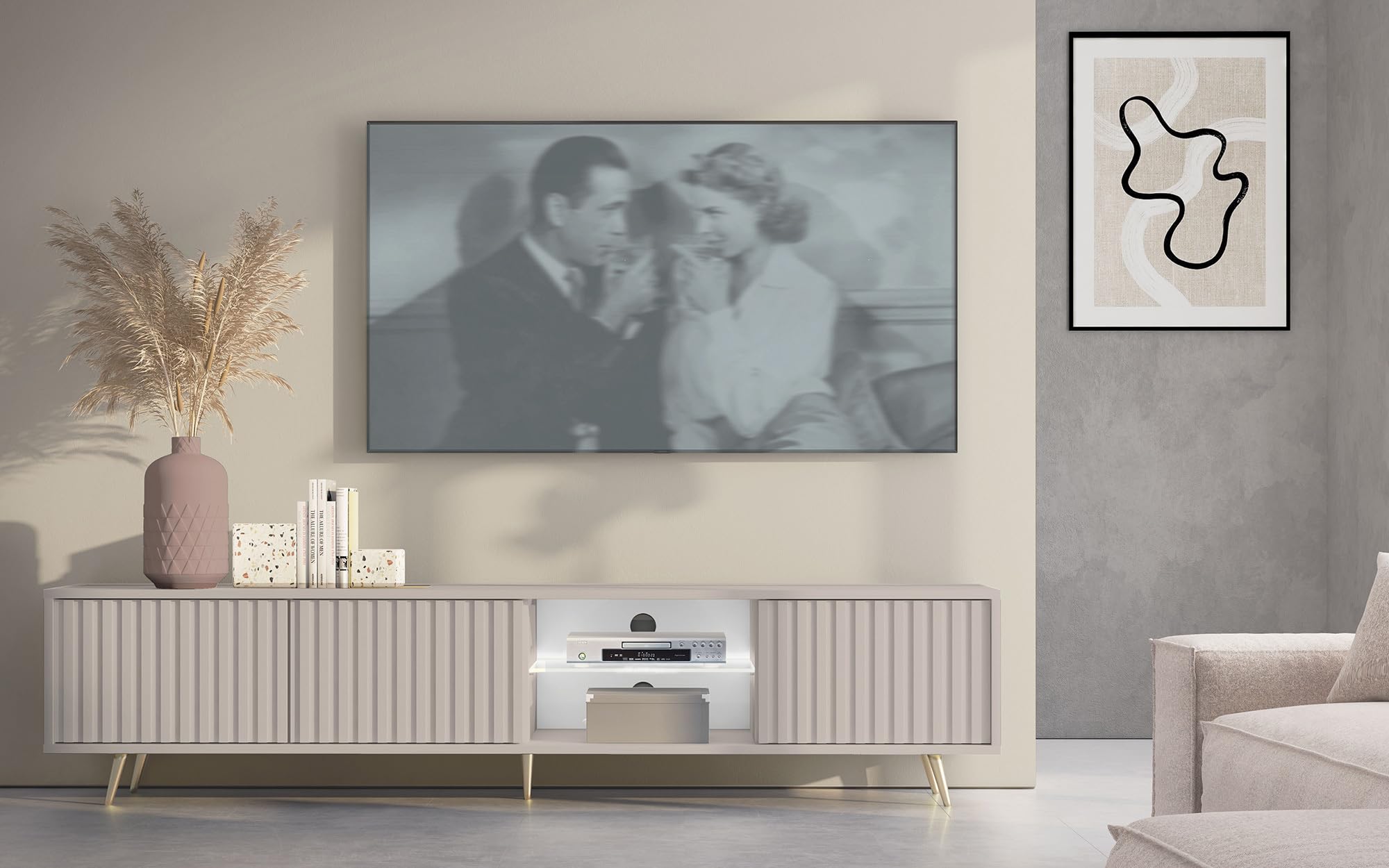 Selsey Mobile TV Mobile Porta TV Con Piedini Dorati 175 cm A Doghe Beige Grigio Bello