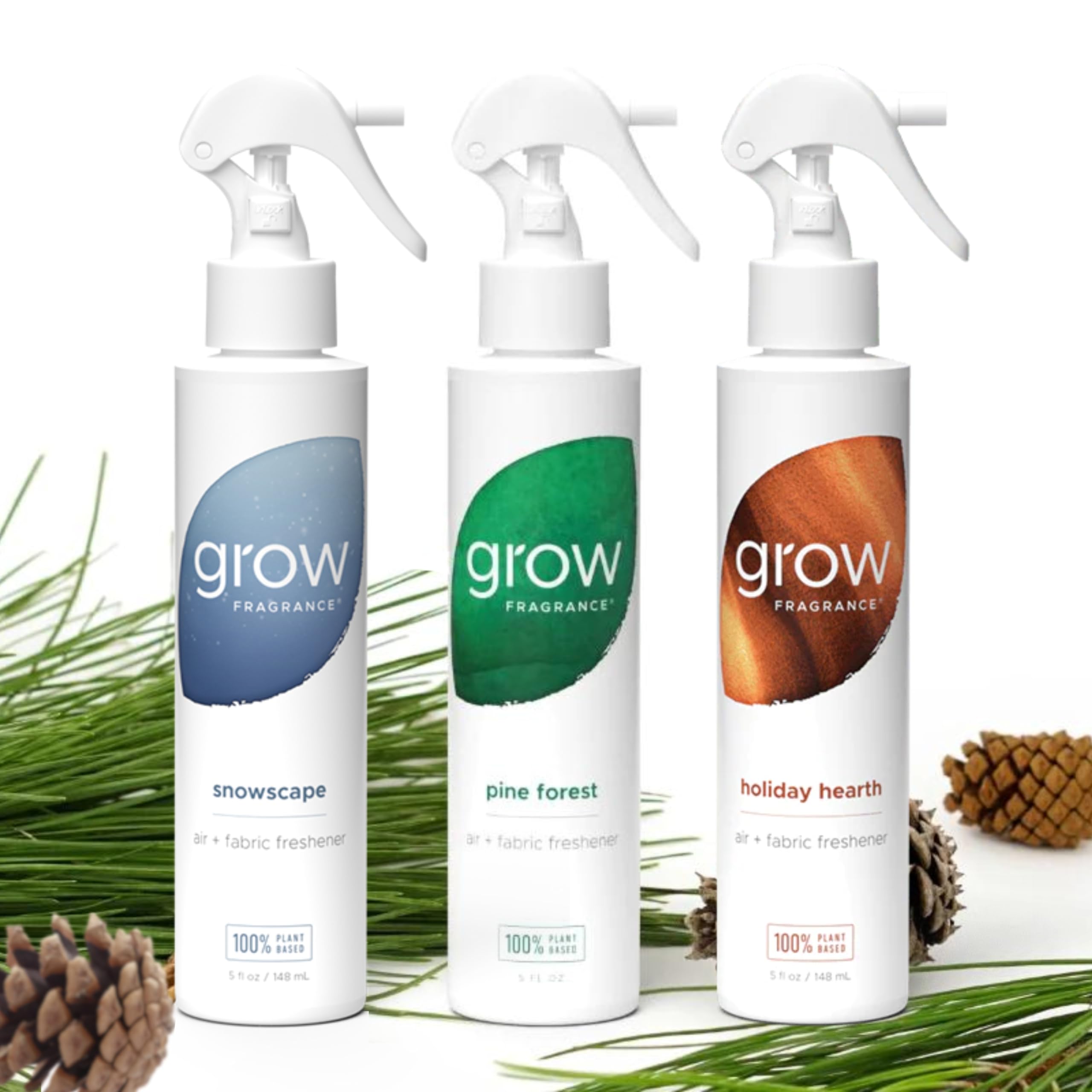 Grow Fragrance Certified Non Toxic, 100% Plant Based Fabric and Room Air Freshener Spray. Made with All Natural Essential Oils (Holiday 3 Pack - Pine Forest, Holiday Hearth, Snowscape) 3 x 5oz