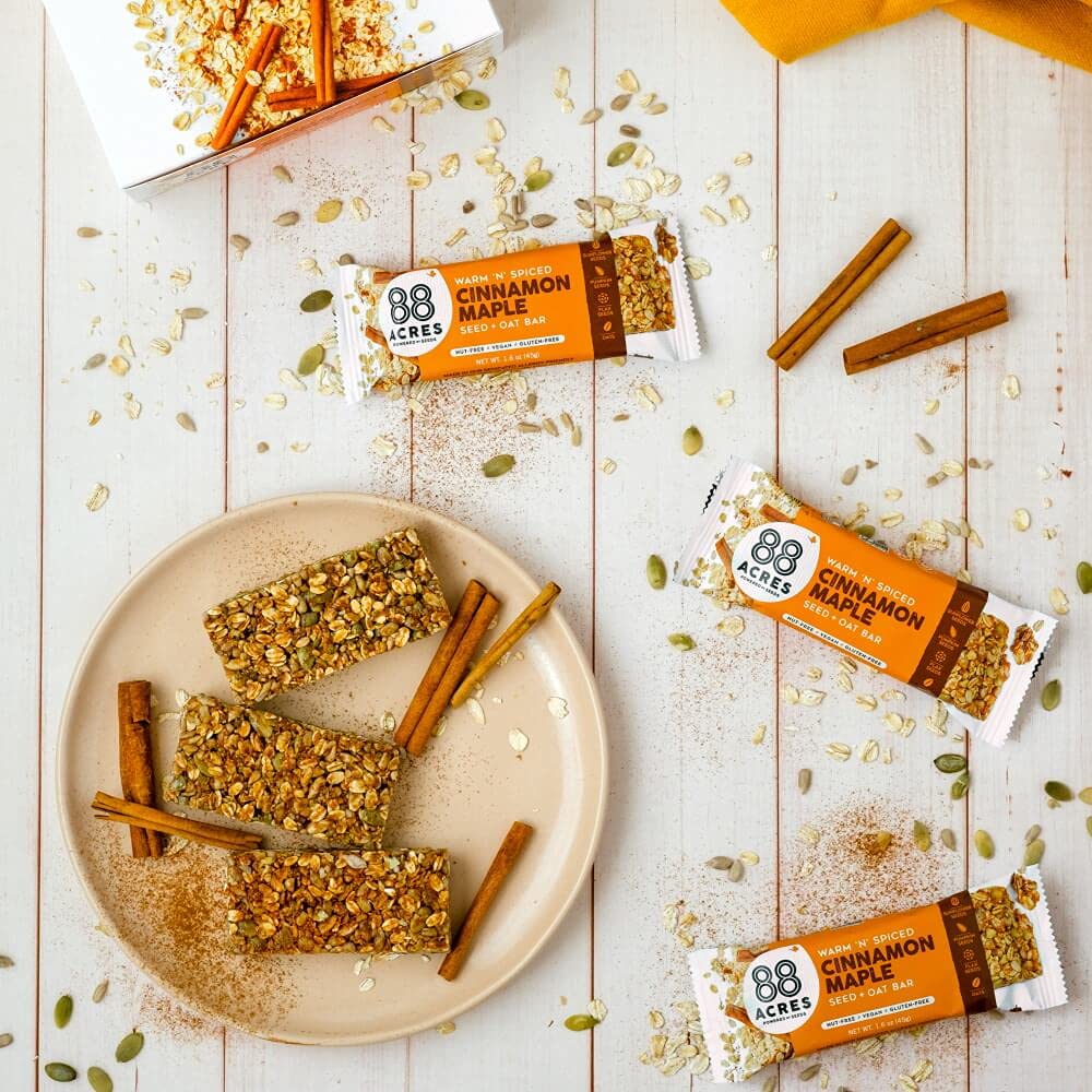 88 Acres Granola Bars, Cinnamon Maple, 12 Count, School Safe, Allergen Free Seed & Oat Snack Bar, Gluten & Nut Free, Vegan, Non-GMO & Kosher, Individually Wrapped