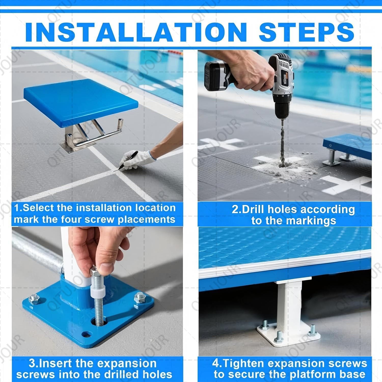 Piattaforma Subacquea con superficie antiscivolo e base in acciaio inox per piscina e competizioni