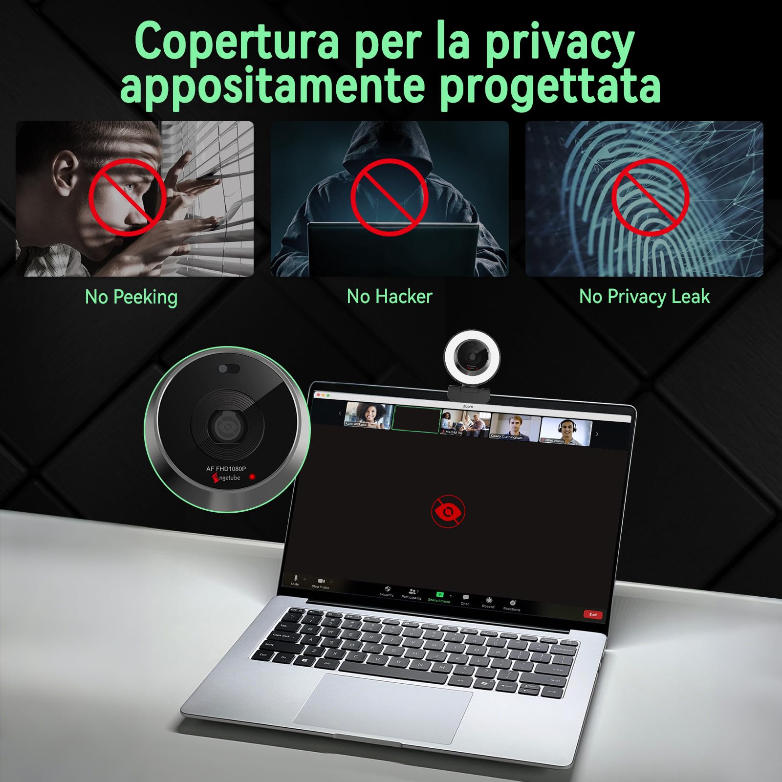Angetube Webcam per PC, fotocamera USB 1080P/30fps con luce ad anello, Copertura Privacy, Autofocus, Microfono, Plug & Play Web Cam Per Zoom/Teams/YouTube, Laptop & Desktop
