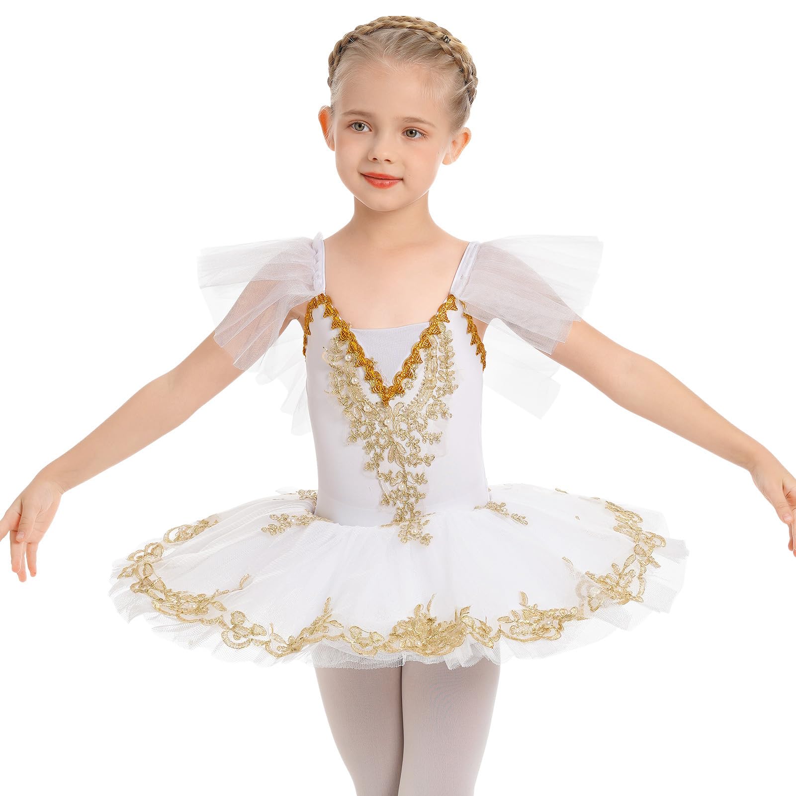 Niño Niñas Vestido de ballet leotardo Disfraz del lago de los cisnes Bordado Dorado Perlas Gimnasia Vestido Body Ropa Danza con Falda Tutu