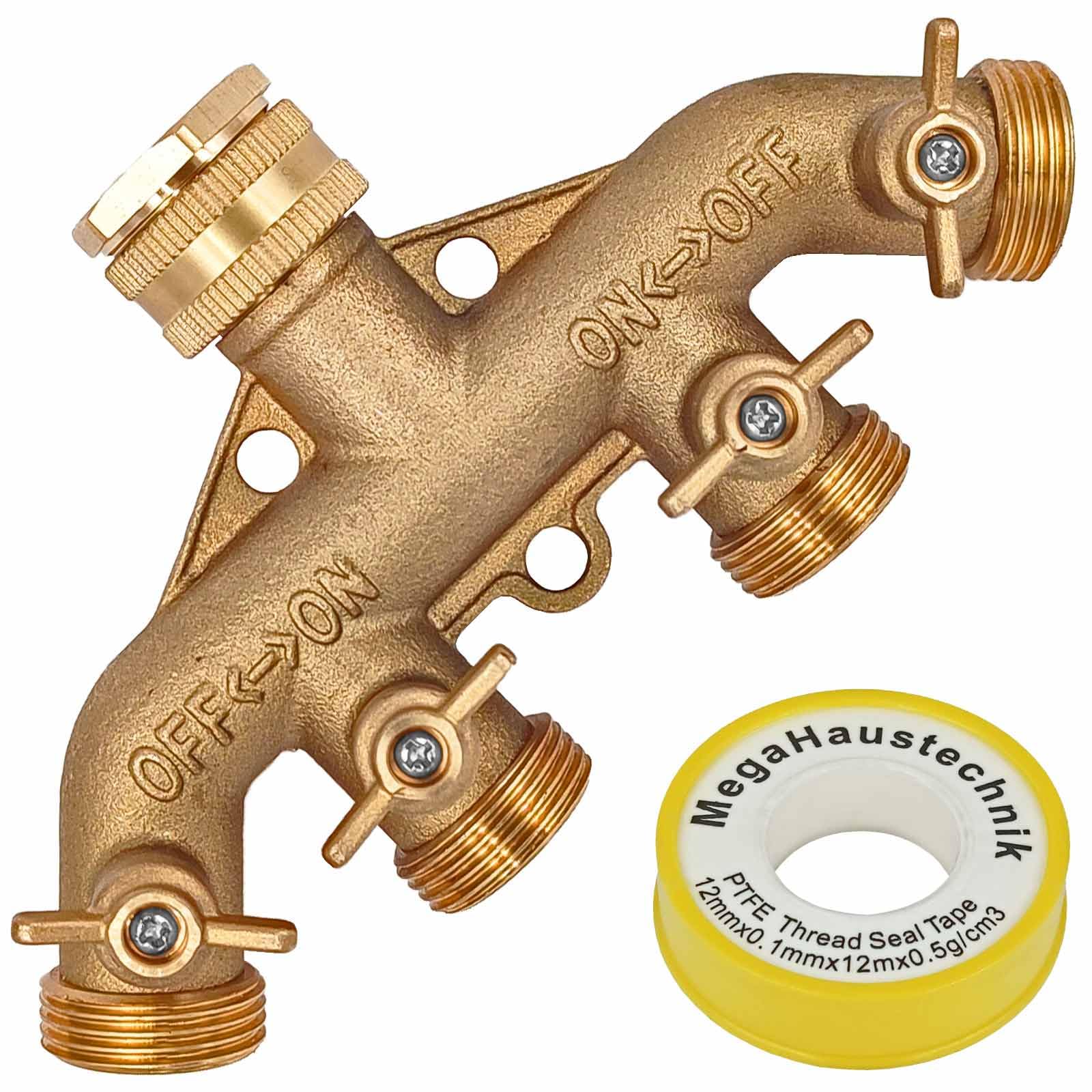 4 Wege Wasserhahn Wasser Verteiler Kugel Ventil aus Messing mit Hahn Anschluss 3/4" und 1/2" Rohr Zoll Innengewinde IG mit Dichtung + Dichtband und 4x 3/4" Aussengewinde AG