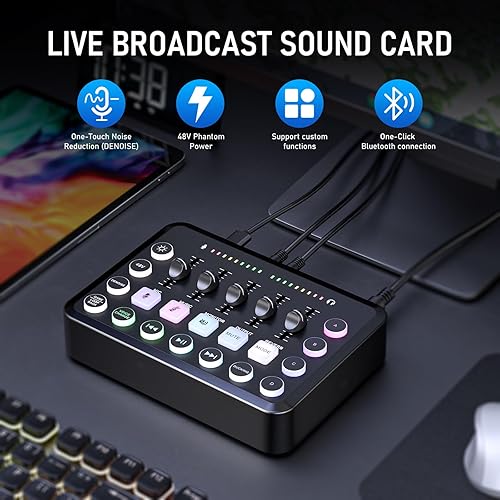 Miniatura 9 de Facmogu Mezclador de audio con tarjeta de sonido en vivo F998, interfaz de audio de podcast con efectos de mezclador de DJ, cambiador de voz