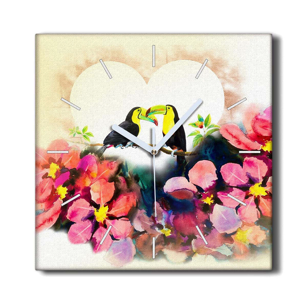 Oiseaux cardiaques fleurs imprimés sur une horloge murale d'art