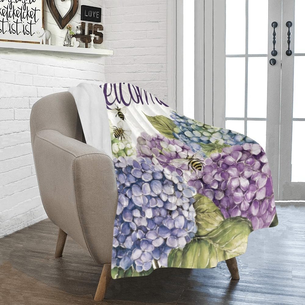 Hydrangeas and Bees with Welcome Blanket Soft Cozy Flannel Blanket Fleece Throw Blanket for Women Bed Couch Sofa Chair Travel 40 x 50 Inch