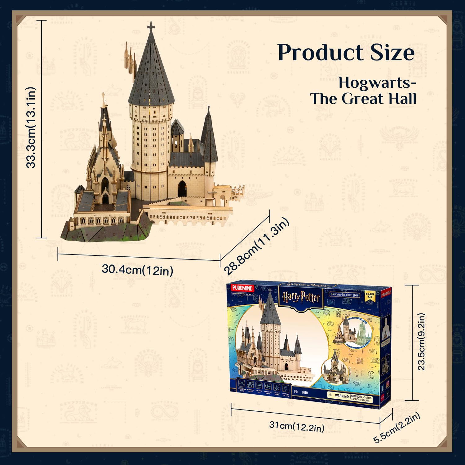 PUREMIND Harry Potter Wielka Sala, puzzle 3D z drewna, oficjalna licencja | Światło, muzyka, ruchome schody, model zamku do montażu, dekoracja na biurko, półkę lub do witryny, zestaw kolekcjonerski