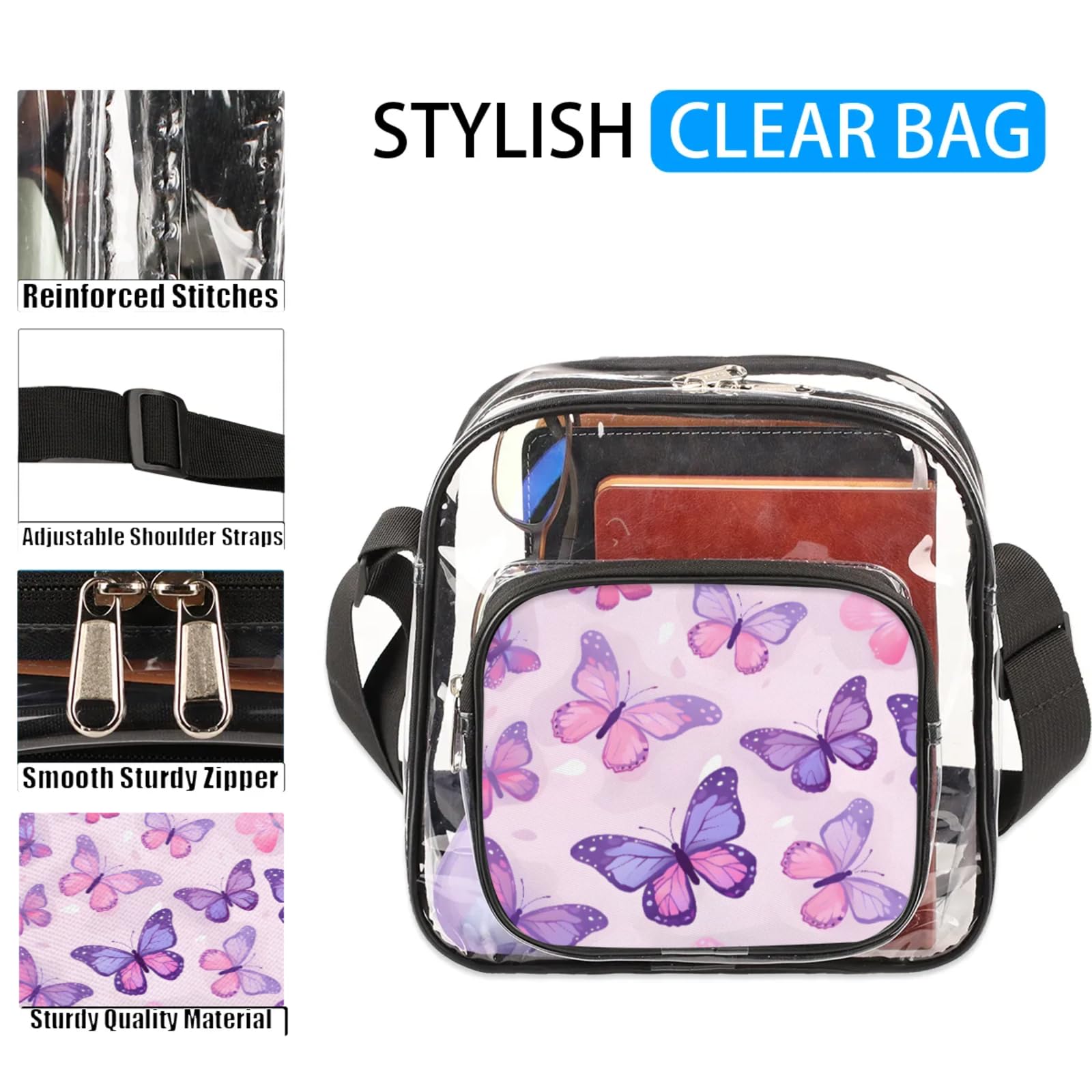 Clear Crossbody Bag Stadium Approved Butterfly Transparent Bag for Festivals, Sports Events, Concerts,Beach Bag for Women Men Purple Clear Purse with Front Pocket Messenger Bag with Adjustable Strap