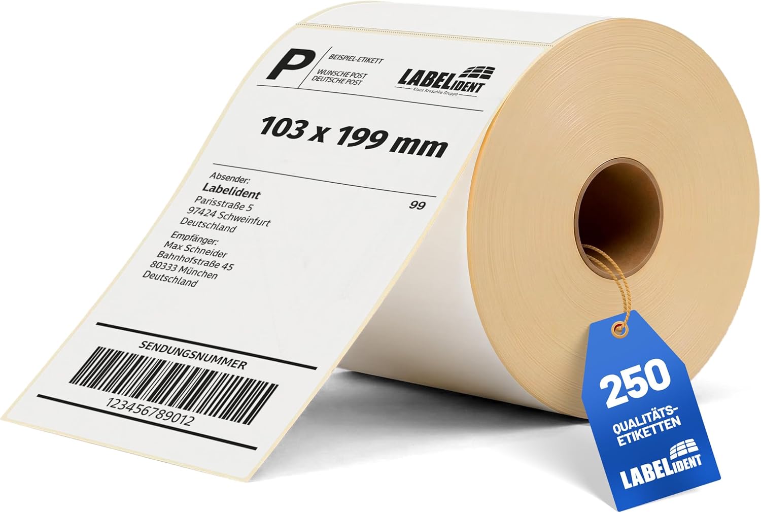Labelident Versandetiketten DHL, UPS, DPD - 103 x 199 mm - 250 BPA-freie Thermo Etiketten Eco auf 1 Rolle(n), 1 Zoll Kern, Desktopdrucker, Thermodirekt Permanent, Trägerperforation