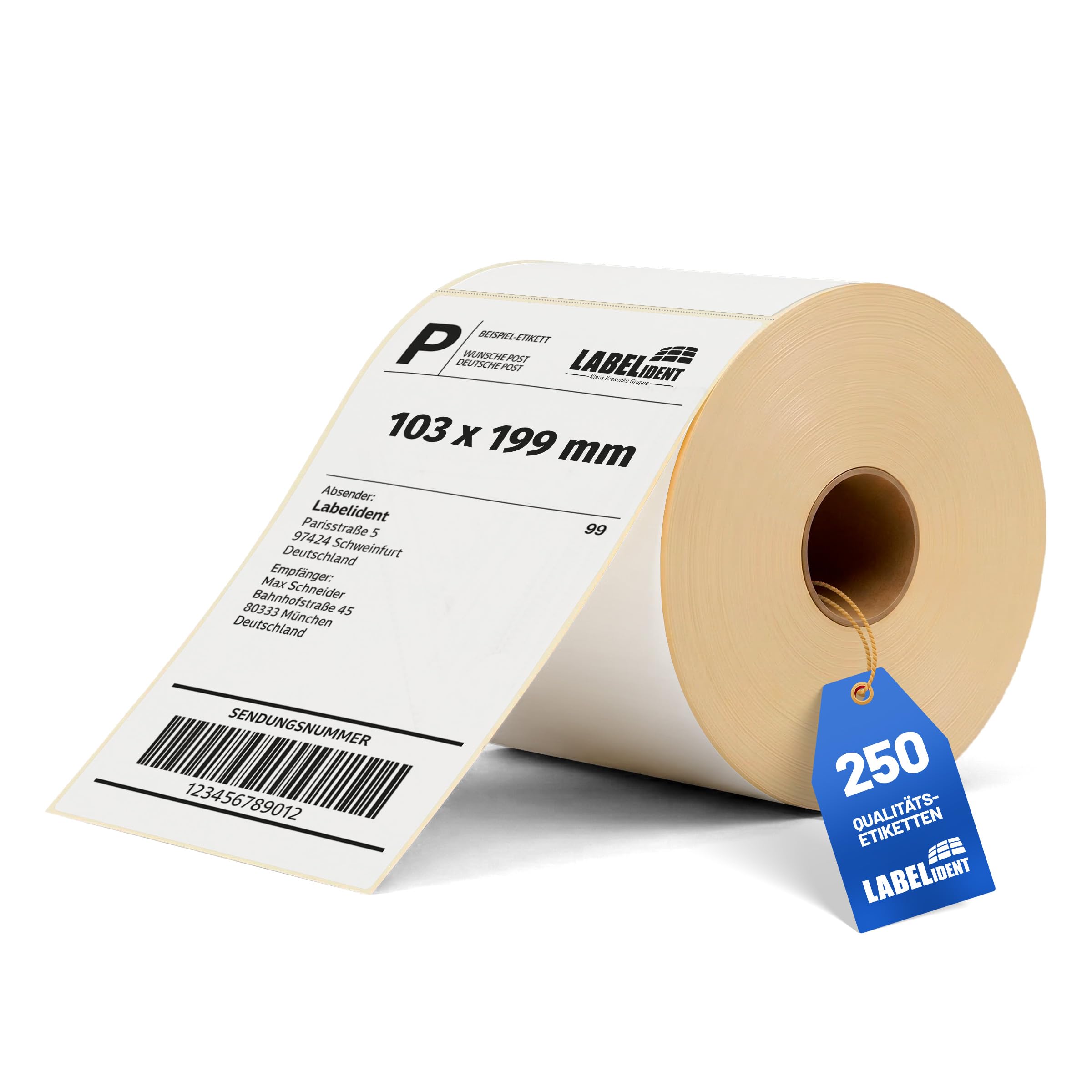 Labelident Versandetiketten (103 x 199 mm) - 250 Thermo-Top-Etiketten auf 1 Rolle(n) 25 mm Kern | Selbstklebende Label mit Trägerperforation für DHL, DPD, Fedex, GLS, Hermes, UPS