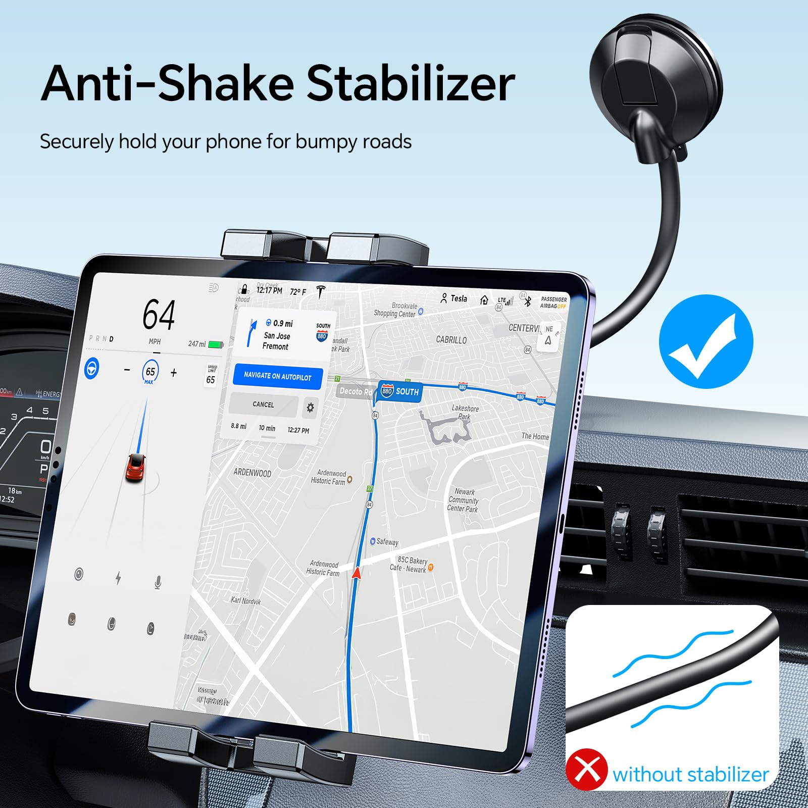 Coolpow Support Tablette Voiture Col de Cygne Flexible, Porte iPad Camion Tableau de Bord/Pare Brise 360 degrés avec Bras Fixation Ventouse pour iPad Pro Air Mini, Galaxy, Huawei, iPhone, 4.7-12,9"