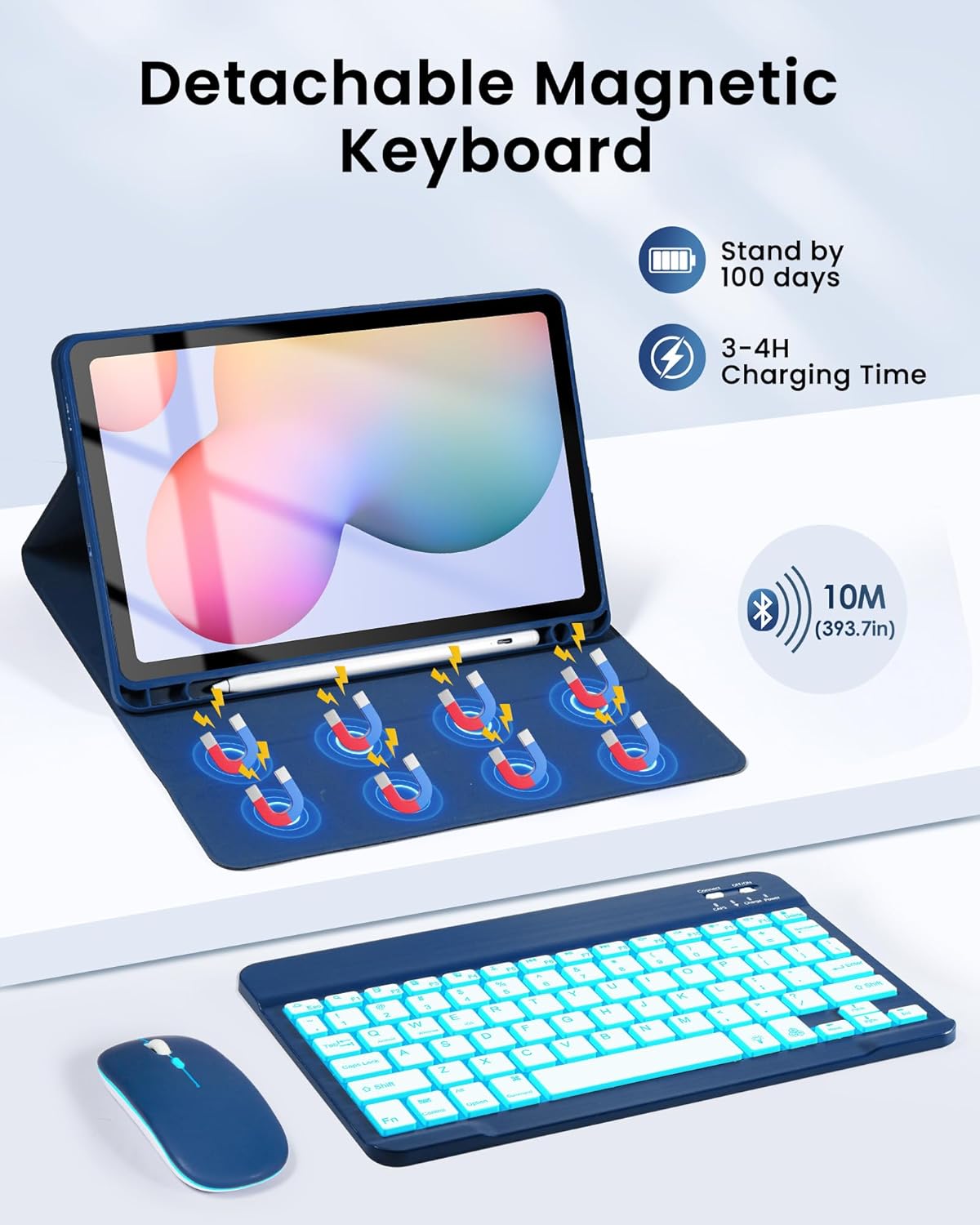 LAMA 7 Colors Backlit Keyboard Case with Mouse for Samsung S6 Lite 10.4 Inch 2020/2022/2024, Detachable Cover for Galaxy S6 Lite 10.4", Rechargeable Keyboard+Thin Case+Wireless Mouse, Navy Blue