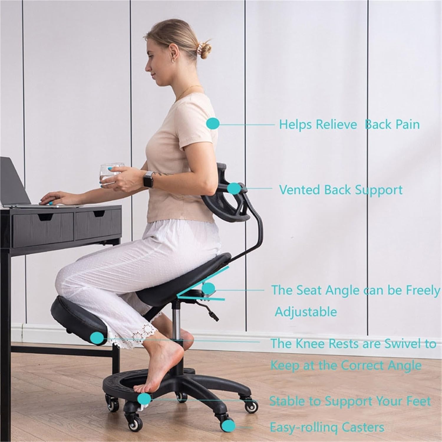 Kneeling Chair with Back Support for Office & Home | Ergonomic Posture Correction Stool | Angled Seat Design for Extended Sitting Comfort | Adjustable Computer Chair to Improve Posture