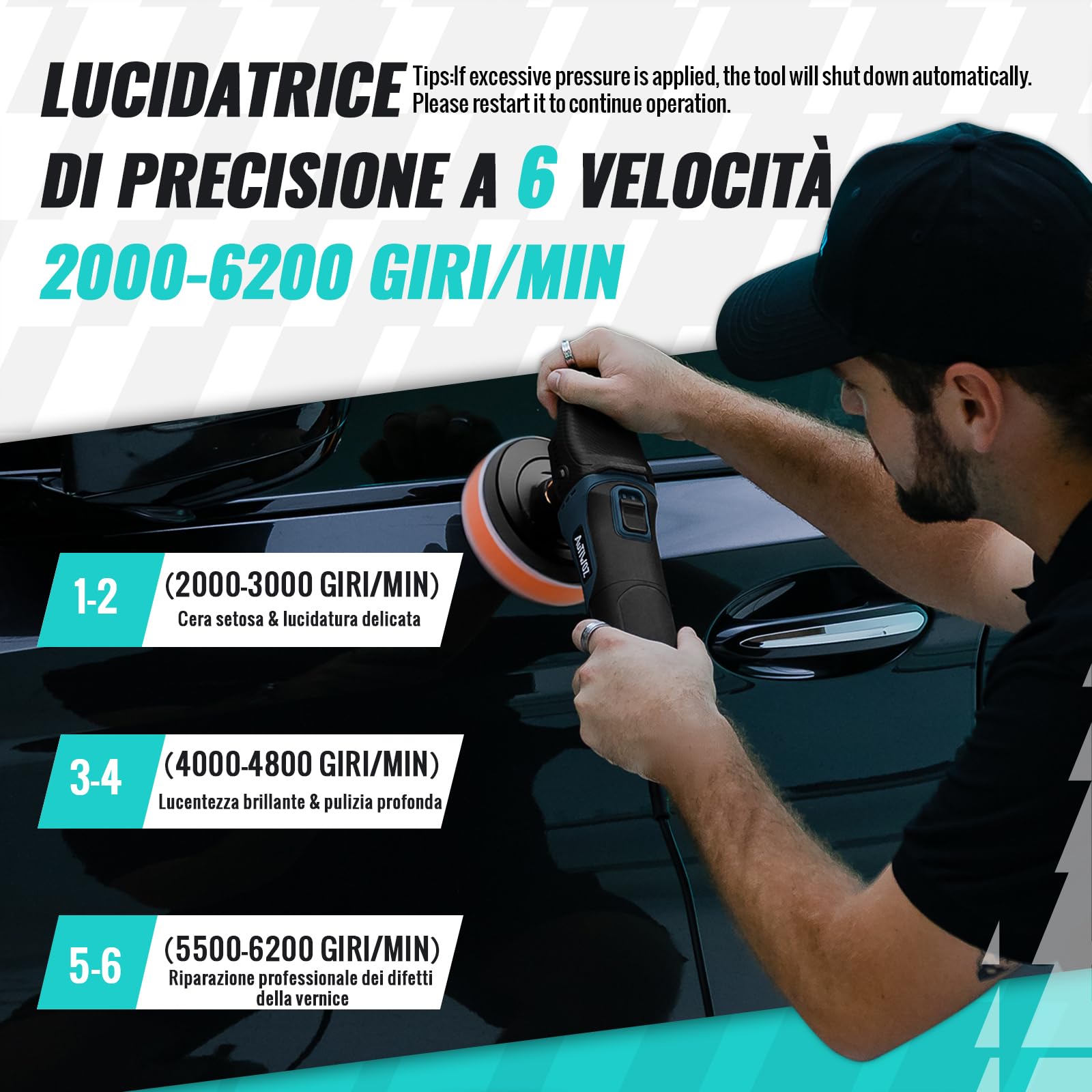AUTIWOZ - Mini lucidatrice per auto, 630 W, con 6 velocità variabile 2500 – 4500 giri/min, impugnatura laterale, 100 mm/125 mm, spugna lucidante/disco di lana/carta vetrata, per lucidare auto