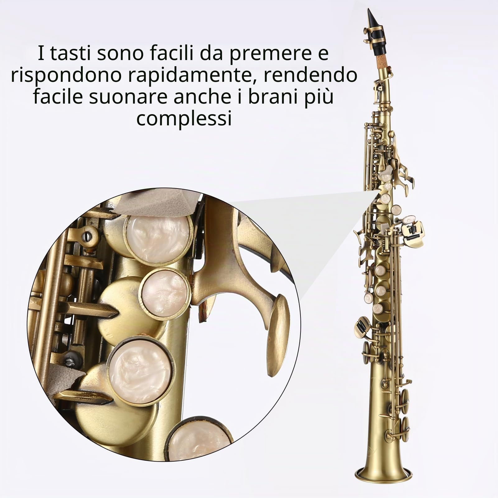 Sassofono dritto,Professionale Ottone Dritto Sib Soprano Sassofono Nichelato Sax Strumento a fiato Modello di intaglio con custodia per il trasporto Bocchino Kit di pulizia per ance Guanti Cing