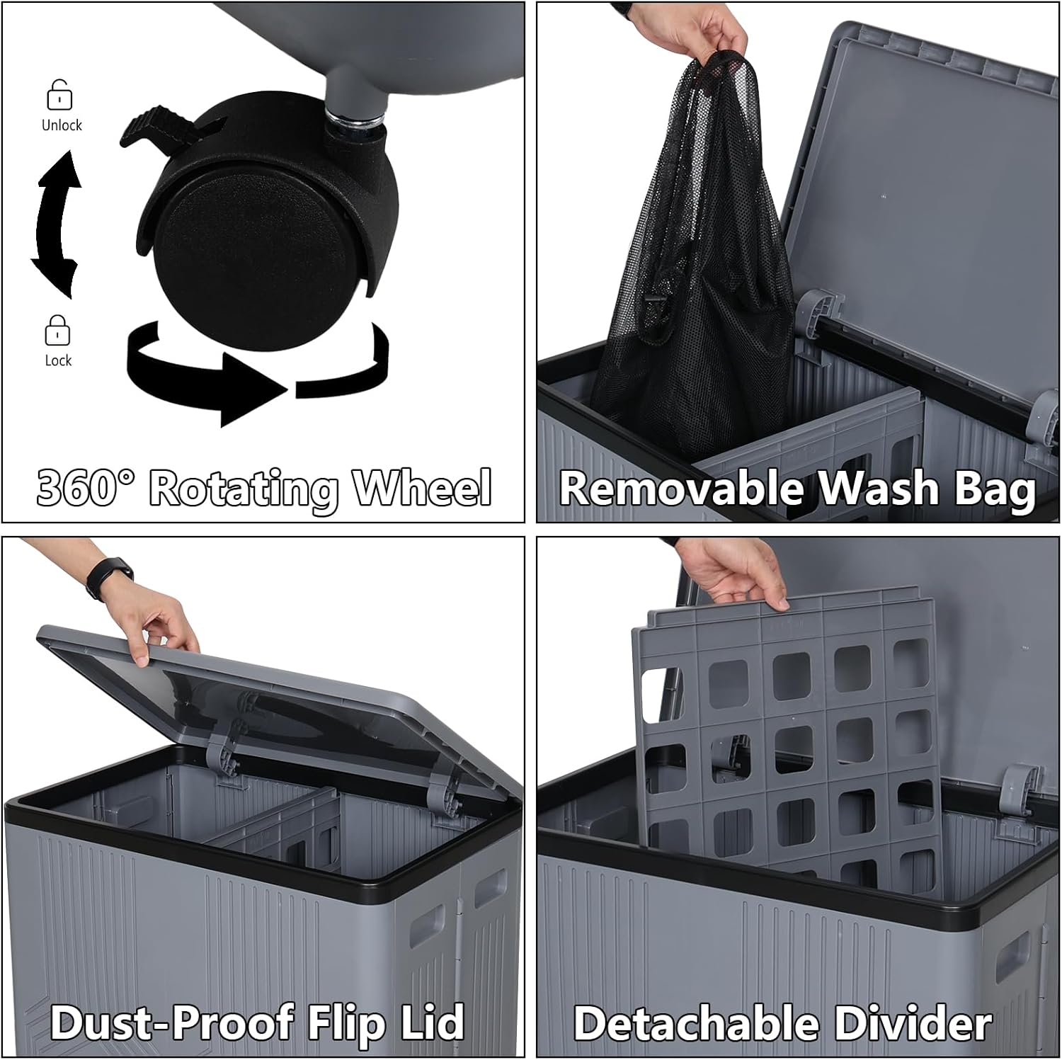 Morcte 120 L Double Laundry Hamper with Lid and Wheels, Collapsible 2 Section Plastic Laundry Hamper, Gray