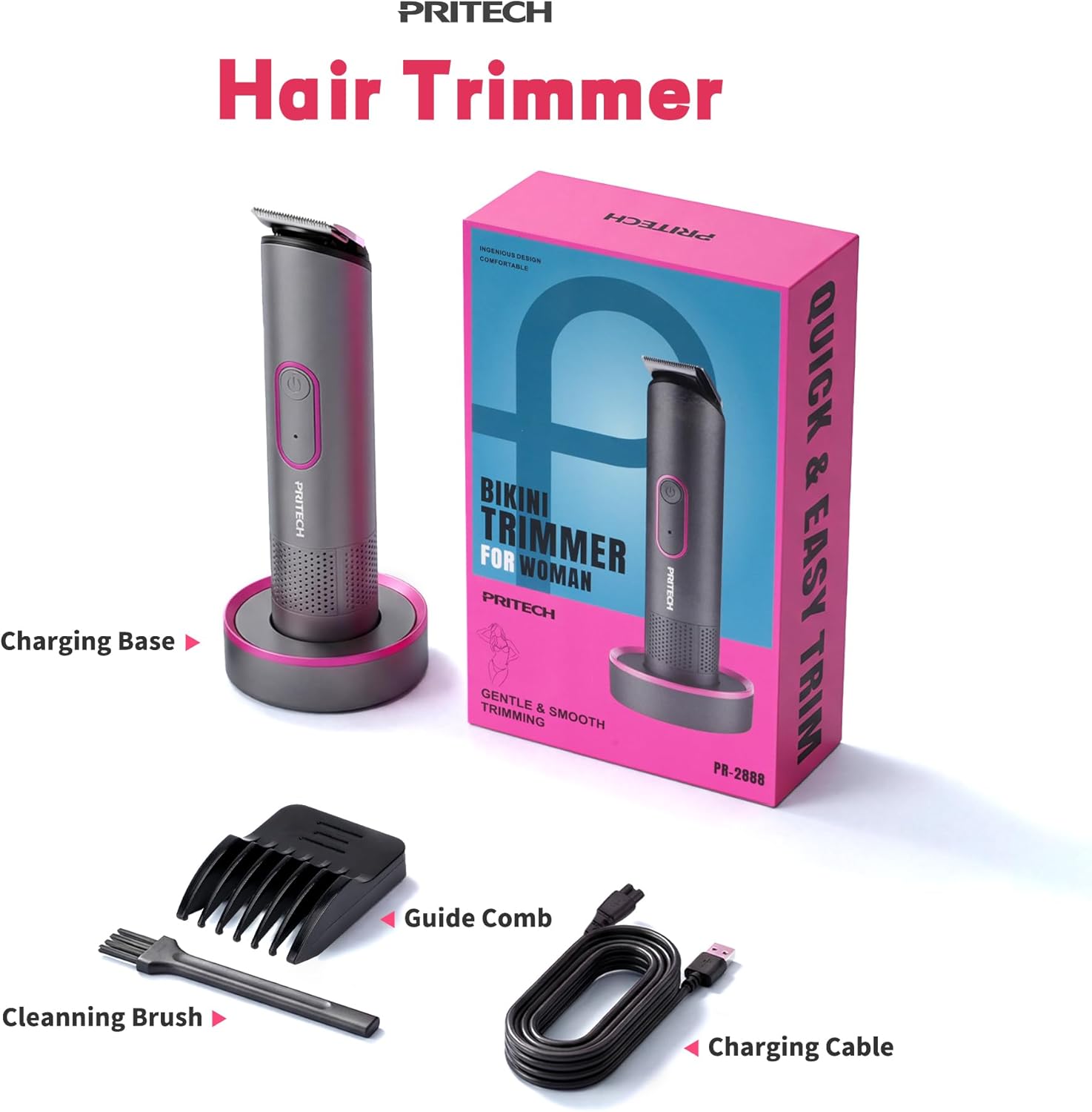 PRITECH Bikini Trimmer for Women - Rechargeable Pubic Hair Trimmer for Sensitive Skin, Wet&Dry Use, Pain-Free Electric Razor&Shaver with Standing Recharge Dock, Ideal Gift for Women, Slate Grey - Image 7