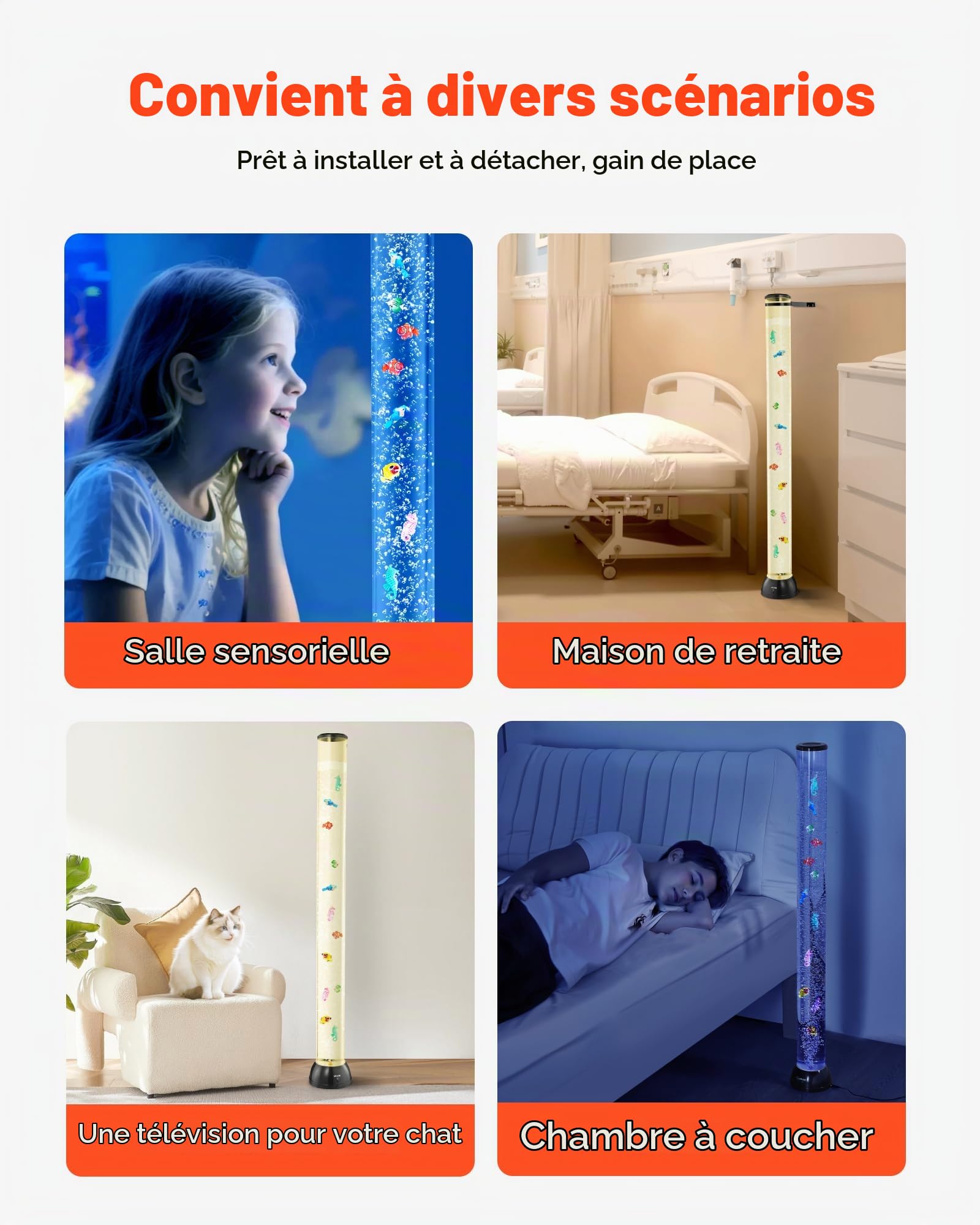 VEVOR Lampe à Bulles avec 10 Poissons Flottants, 1,2 m, 16 Effets Lumières Changeantes de Couleur, Télécommande, Lumière Apaisante, Lampe Ambiance pour Chambre à Coucher, Salon, Décoration Intérieure
