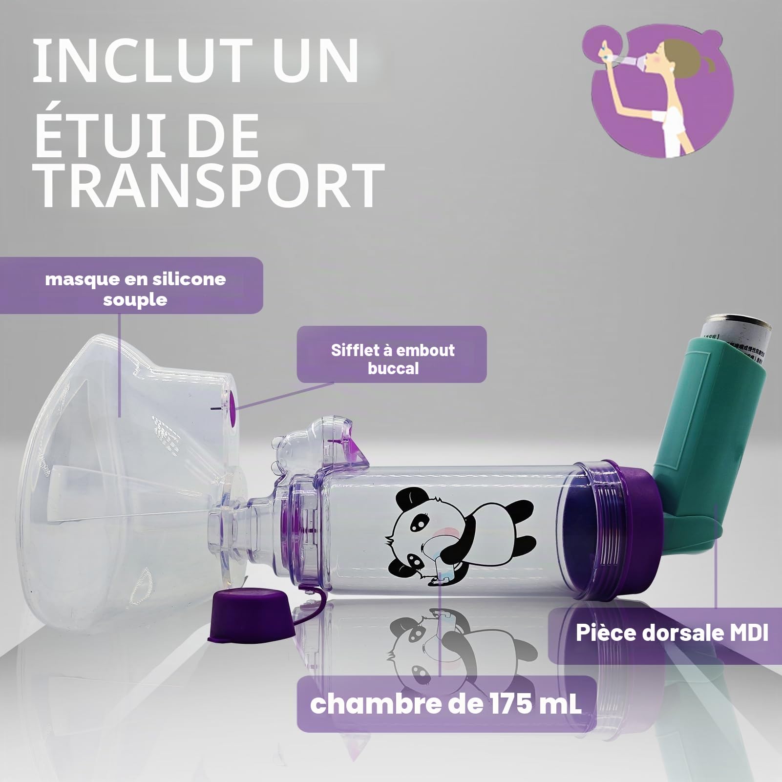 Chambre d'inhalateur avec masque et étui de transport de voyage, chambre d'aérosol utilisée avec n'importe quel inhalateur de dose dosée (MDI) pour l'asthme et les problèmes respiratoires (adulte)