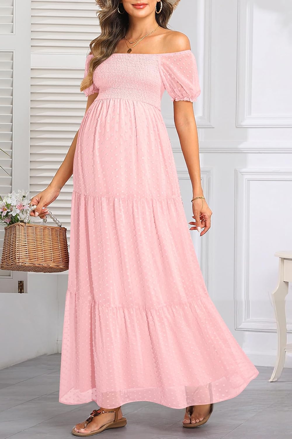 Off The Shoulder Maternity Dress for Baby Shower - Women's Boho Swiss Dot Smocked Puff Sleeve Maxi Dress - Image 6