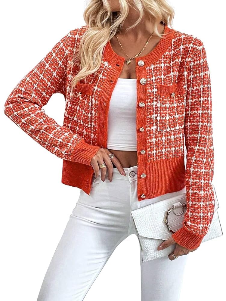 SKAYS Womens Tweed Plaid Cardigan Blazer Dressy Casual Button Front Cardigan Crew Neck Long Sleeve Texture Knit Jackets