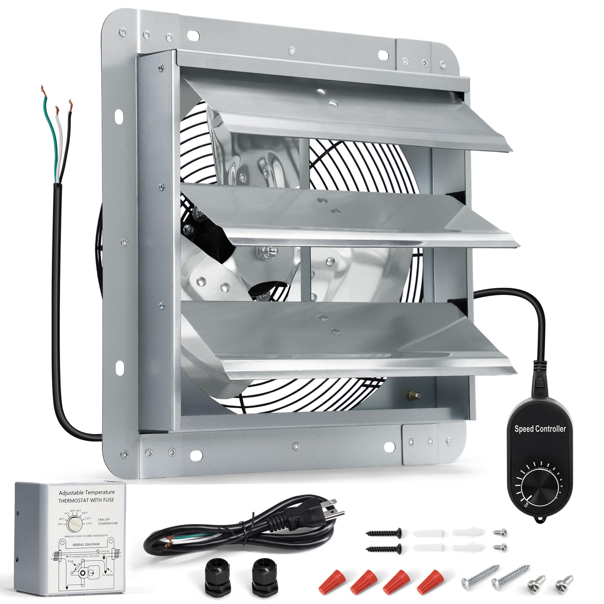 14 Inch Shutter Exhaust Fan, High Power Wall Mount Attic Fan with Thermostat and Speed Controller for Greenhouses, Sheds, Garages, Chicken Coops, Barns Ventilation, 1088 CFM