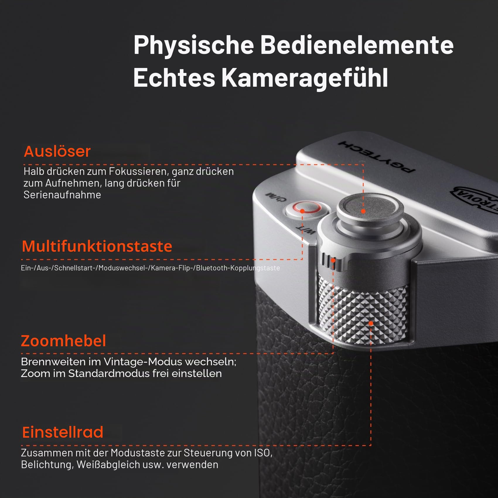 PGYTECH RetroVa Grip & 2X Teleobjektiv Kit für iPhone 17 Pro, mit 2X Teleobjektiv, Vintage-Handyhülle, Bluetooth Smartphone-Griff, MicroSD-Slot, 1/4"-20 Gewinde