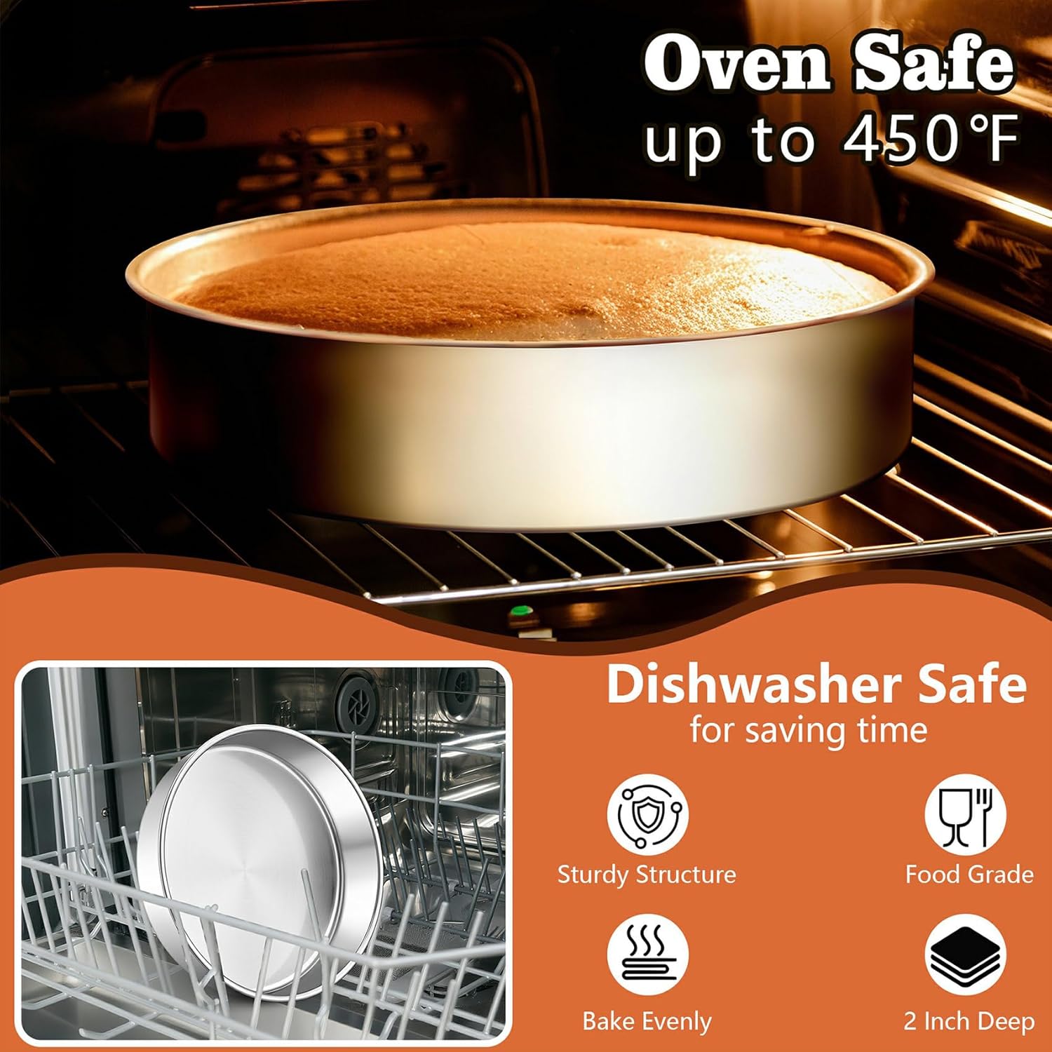 LIANYU 9 Inch Round Cake Pan Set of 2, Stainless Steel Wedding Oven Cake Pan Set for Baking, Metal Round Baking Tin Pan Mold, Deep Bakeware for Layer Birthday Cake, Mirror Polished, Dishwasher Safe - Image 5