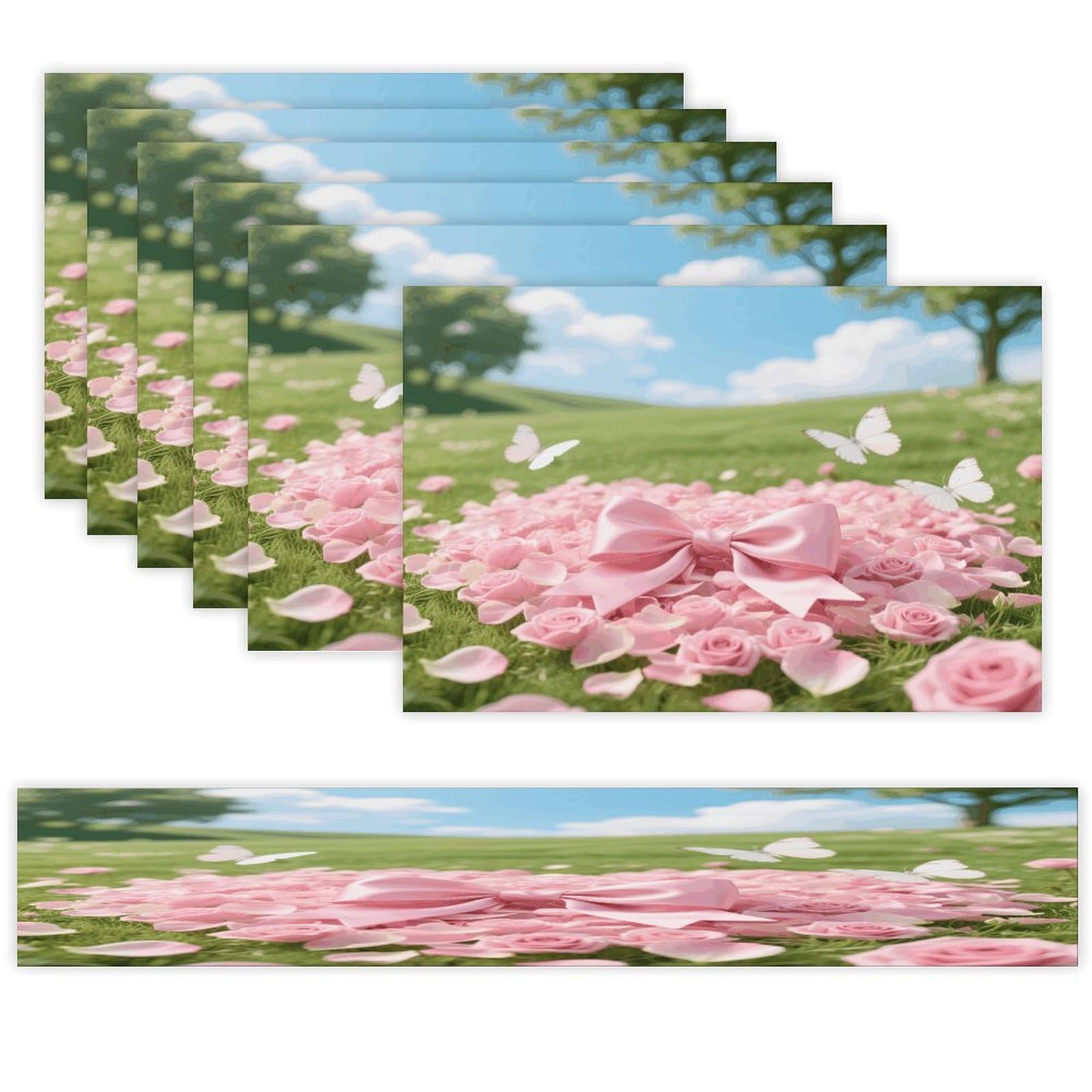 Flowers Table Runner and Placemats Set of 7 Linen Table Mat Non-Slip Place Mats Washable Placemat Heat Resistant Place Mat with Table Runner for Party Dining Decor