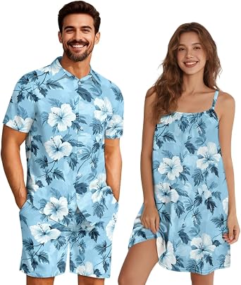 Belidome Matching Vacation Outfits for Couples Summer Womens Sundresses Beach Button Down Shirts for Men with Shorts