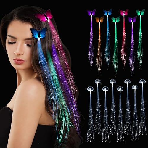 Miniatura 10 de Paquete de 12 accesorios para el cabello de hadas con luces LED, extensiones trenzadas, pinzas de mariposa para mujeres y niñas, suministros de