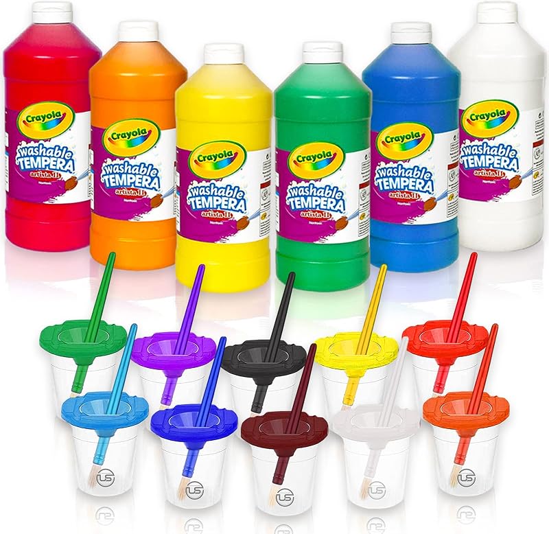 Juego de pintura para niños, pintura lavable a granel para niños pequeños y tazas, paquete de regalo | Pintura Tempera a granel, 6 colores, 16 oz c/u, 6 vasos de pintura sin derrames, 6 pinceles, excelentes suministros para el aula no tóxicos y sin complicaciones