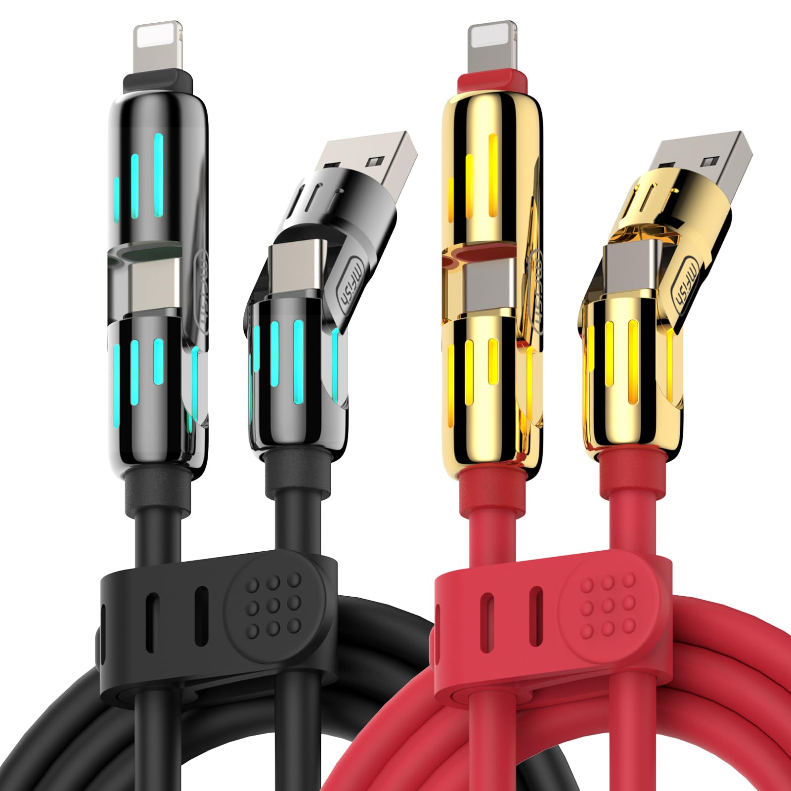 MFish 240W 4-in-1 Universal USB Charging Cable [2 Pack, 6.6ft] – Fast Charger Cord with USB-A, Dual USB-C & Lighting, for iPhone 14/15/16/17 Series,