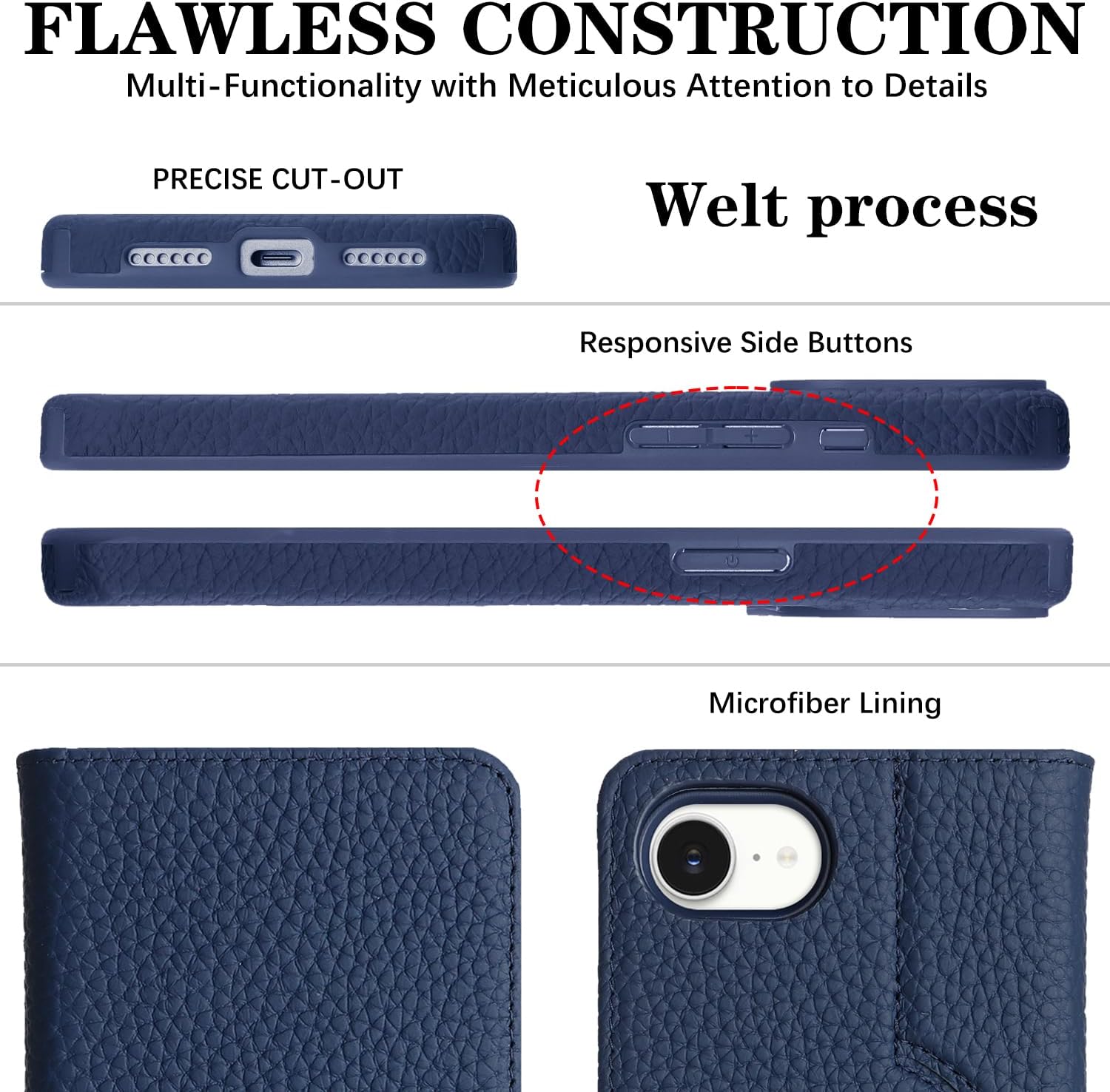 Detachable Genuine Leather Case for iPhone 16e/ iPhone 17e Wallet Case Magnetic 2in1 Removable Flip Cover Support Magsafe Charging Stand Card Holder Shockproof Protective Cover-Navy Blue2