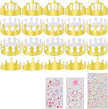 20 Pieces Golden King Crowns, Adjustable Gold Paper Party Hat, 3 Pieces Rhinestone Stickers, Party Set Hat for Children's Birthday Celebration