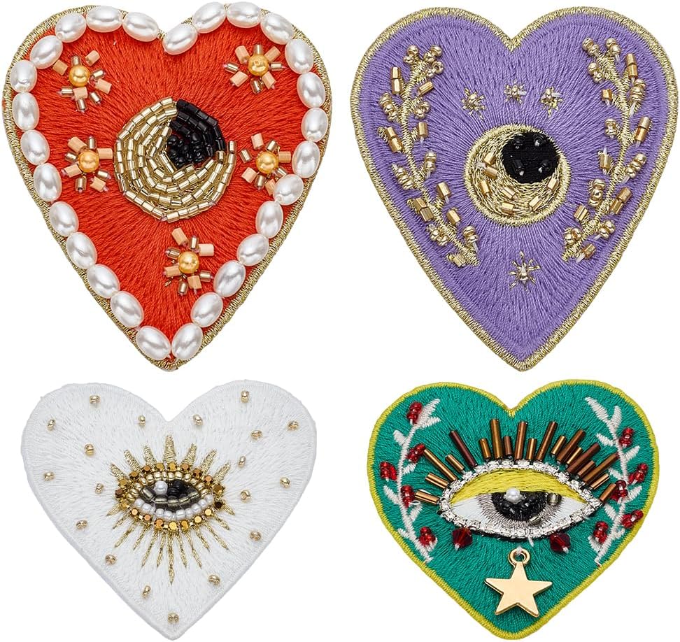 INFUNLY 4Styles Evil Eyes Heart Beaded Patches Rhinestone Applique Patches Evil Eyes Sequin Applique Sew on Love Patch with Pearls Handmade Crystal Heart Appliques for Clothes Jeans Jackets Bag Shoes