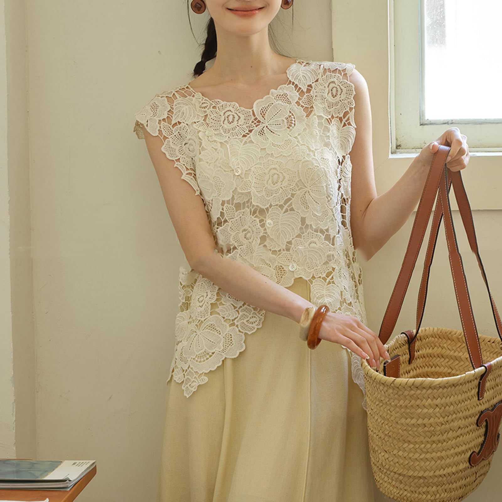 Femmes Loose Fit Débardeurs Décontractés Fleur Dentelle Évider Sans Manches Ourlet Irrégulier Chemises Gilet